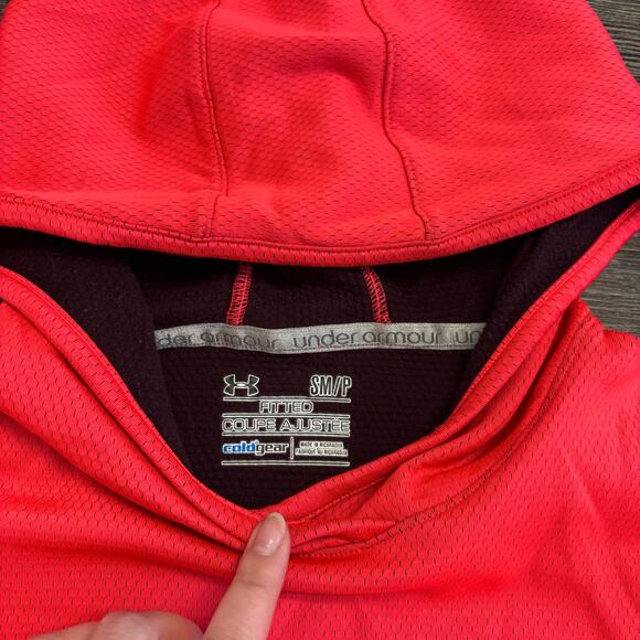 Under Armour Coldgear Red Coral Womens S Fitted Mesh‎ Thermal Thumbhole Hoodie - Picture 4 of 8